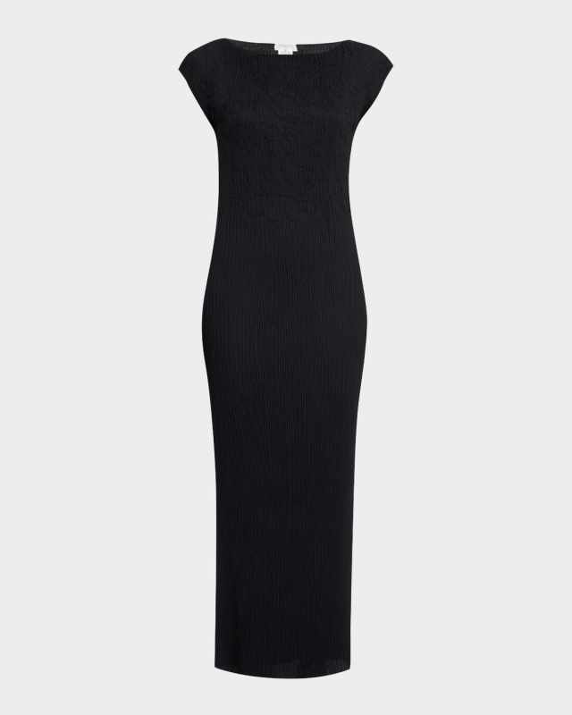 Cap-Sleeve Embroidered Plisse Maxi Dress